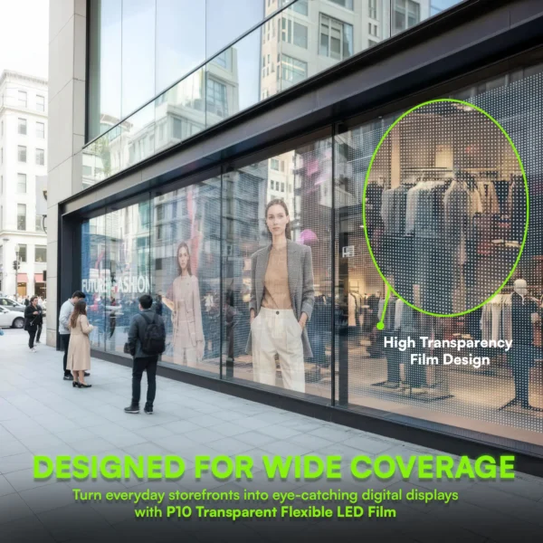 P10 Transparent Flexible Soft Self-Adhesive LED Film for Windows | High-Brightness Crystal Clear LED Display Advertising Film