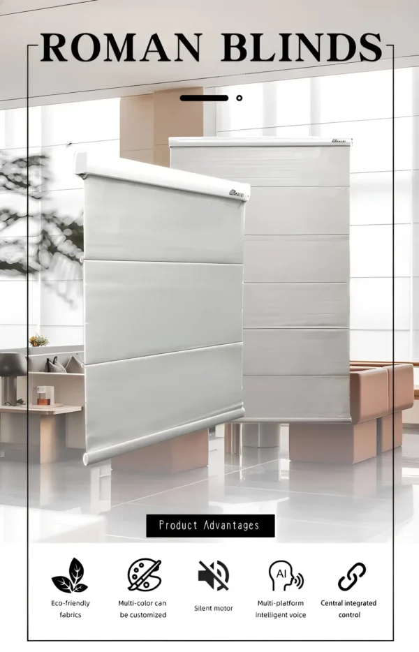 Roman Smart Blinds | Motorized Fabric Window Shades for Home & Office | Remote & App Control – Elegant Design, Soft Folds | Custom Sizes Available