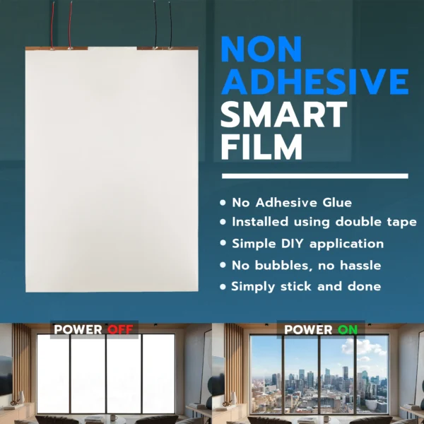Non-Adhesive PDLC Smart Film | Switchable Glass Film for Home & Office | Heat Insulation UV Blocking – Clear to Opaque, (Without Transformer)