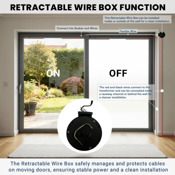 Retractable Wire Box for PDLC Smart Film | Cable Management for Switchable Privacy Glass, Sliding Doors & Windows | Flexible Wiring System for Smart Glass Film Installation