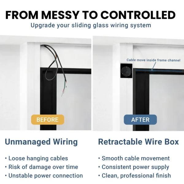Retractable Wire Box for PDLC Smart Film | Cable Management for Switchable Privacy Glass, Sliding Doors & Windows | Flexible Wiring System for Smart Glass Film Installation